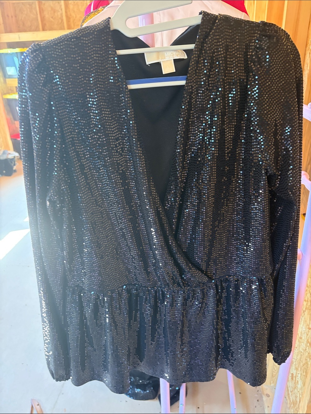 Michael Kors Black Sequin Wrap Peplum Blouse large